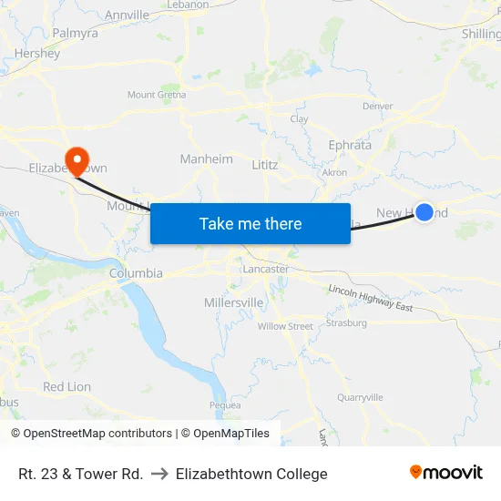 Rt. 23 & Tower Rd. to Elizabethtown College map