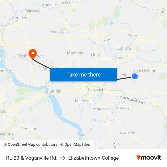 Rt. 23 & Voganville Rd. to Elizabethtown College map