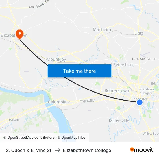 S. Queen & E. Vine St. to Elizabethtown College map