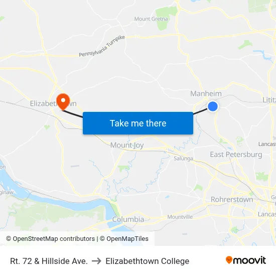 Rt. 72 & Hillside Ave. to Elizabethtown College map