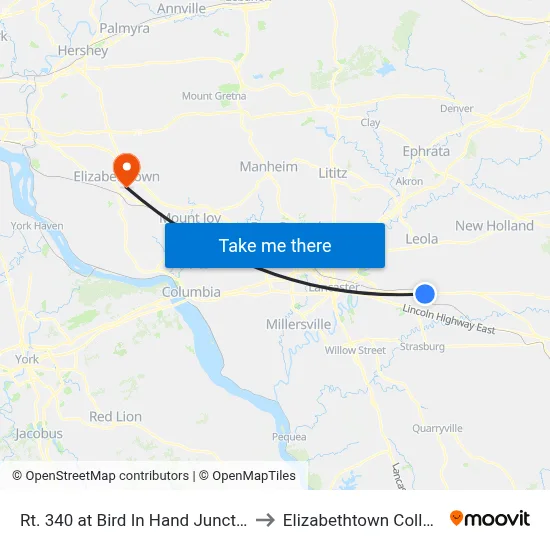 Rt. 340 at Bird In Hand Junction to Elizabethtown College map