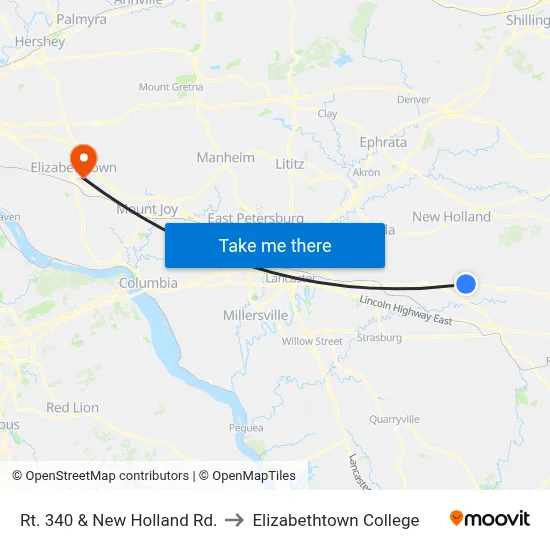 Rt. 340 & New Holland Rd. to Elizabethtown College map