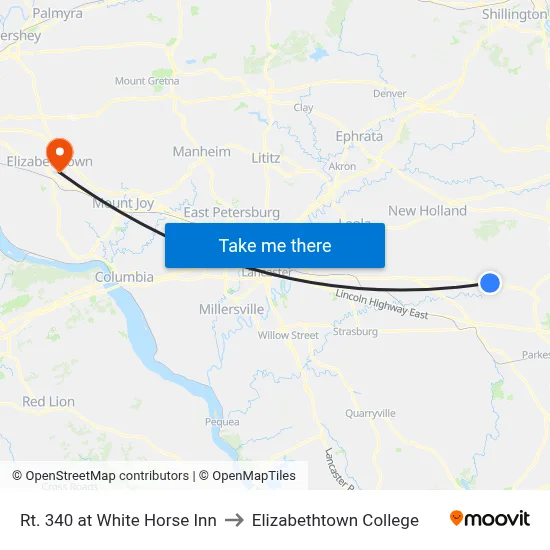 Rt. 340 at White Horse Inn to Elizabethtown College map