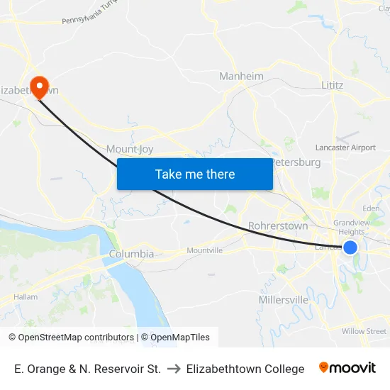 E. Orange & N. Reservoir St. to Elizabethtown College map