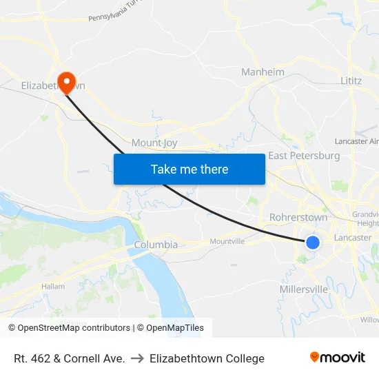 Rt. 462 & Cornell Ave. to Elizabethtown College map