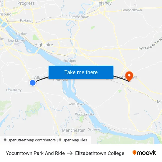 Yocumtown Park And Ride to Elizabethtown College map