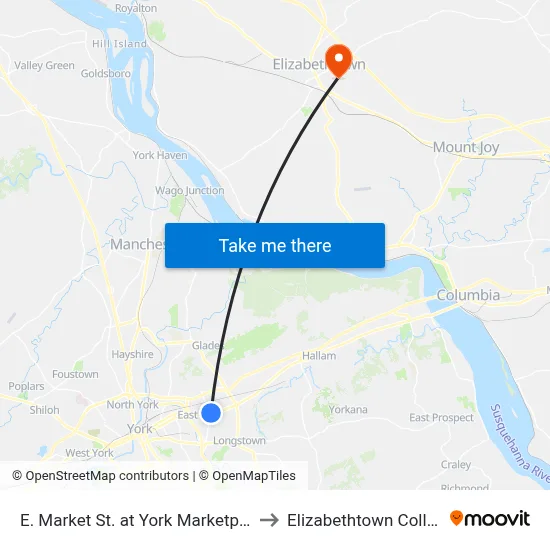 E. Market St. at York Marketplace to Elizabethtown College map