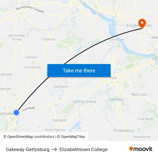 Gateway Gettysburg to Elizabethtown College map