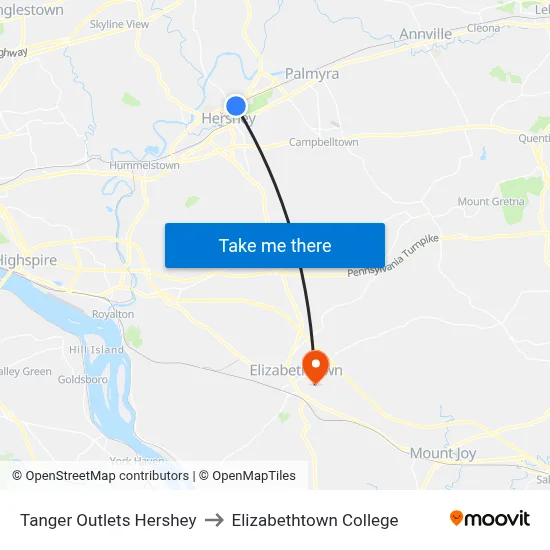 Tanger Outlets Hershey to Elizabethtown College map