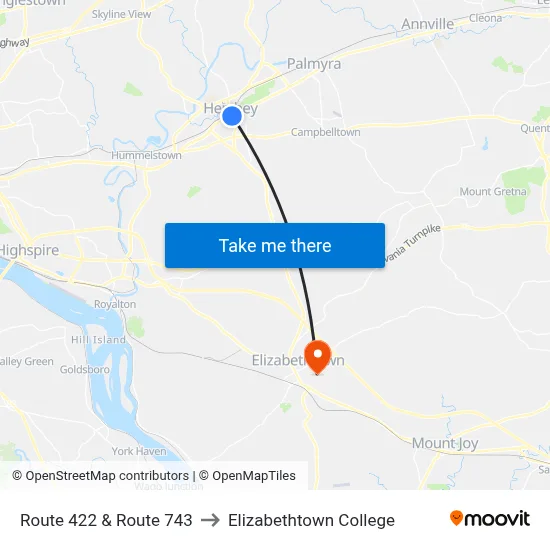 Route 422 & Route 743 to Elizabethtown College map