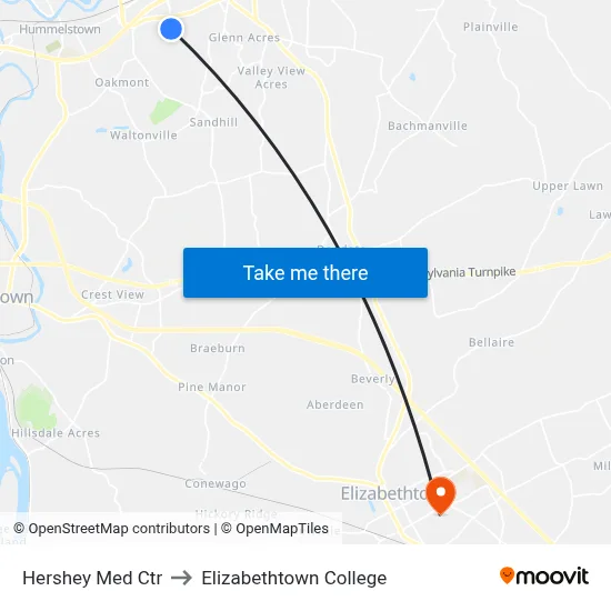 Hershey Med Ctr to Elizabethtown College map