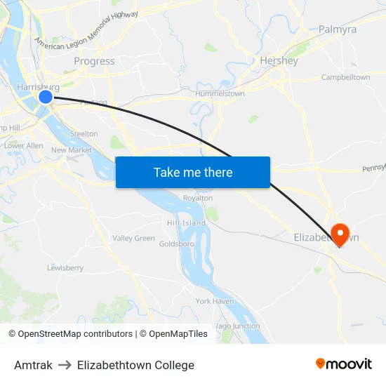 Amtrak to Elizabethtown College map