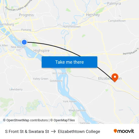 S Front St & Swatara St to Elizabethtown College map