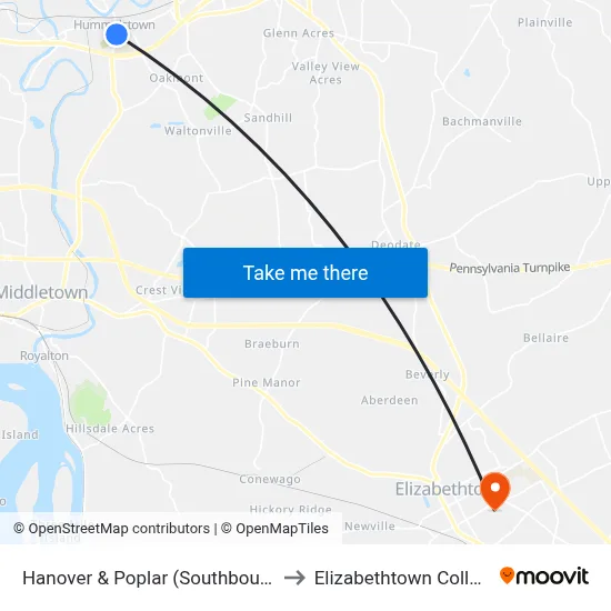Hanover & Poplar (Southbound) to Elizabethtown College map