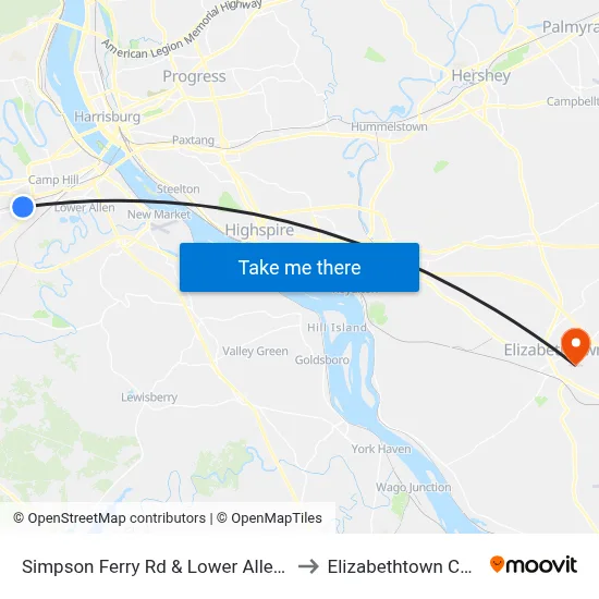 Simpson Ferry Rd & Lower Allen Dr Wb to Elizabethtown College map