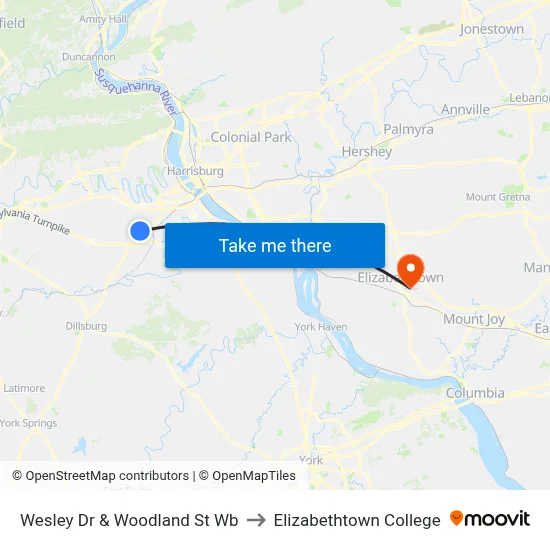 Wesley Dr & Woodland St Wb to Elizabethtown College map