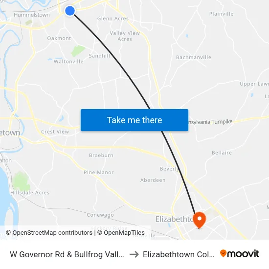 W Governor Rd & Bullfrog Valley Rd to Elizabethtown College map