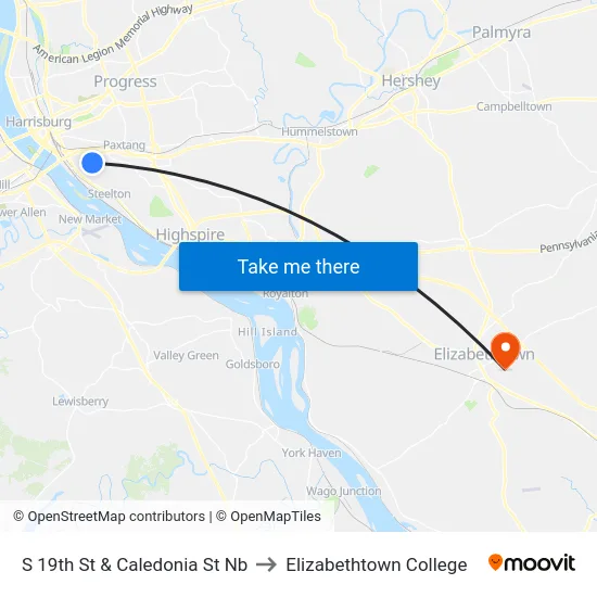 S 19th St & Caledonia St Nb to Elizabethtown College map