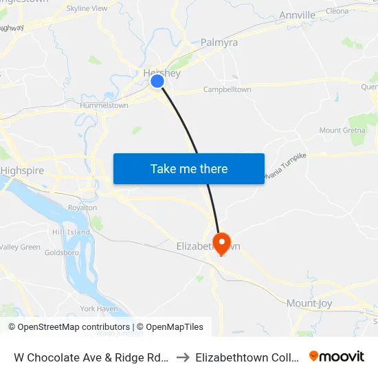 W Chocolate Ave & Ridge Rd Wb to Elizabethtown College map
