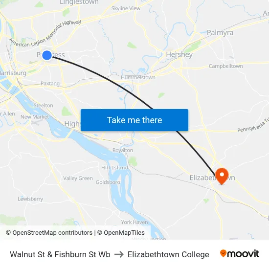 Walnut St & Fishburn St Wb to Elizabethtown College map