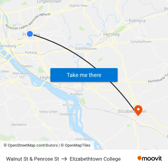 Walnut St & Penrose St to Elizabethtown College map