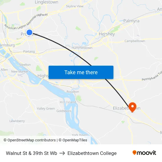 Walnut St & 39th St Wb to Elizabethtown College map