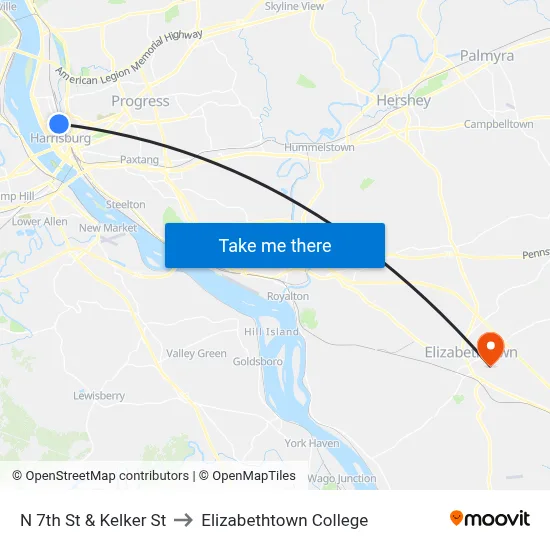 N 7th St & Kelker St to Elizabethtown College map