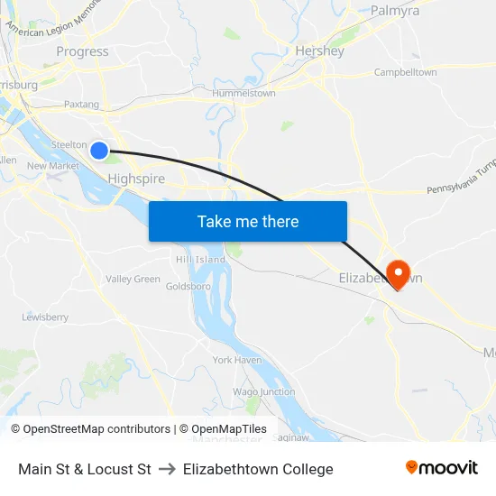 Main St & Locust St to Elizabethtown College map