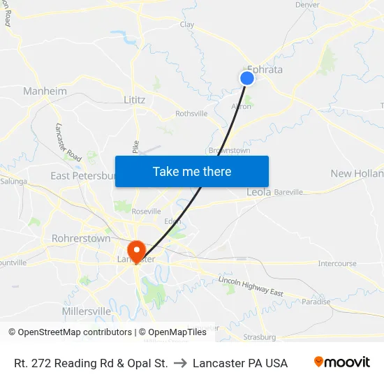 Rt. 272 Reading Rd & Opal St. to Lancaster PA USA map