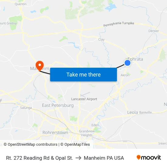 Rt. 272 Reading Rd & Opal St. to Manheim PA USA map