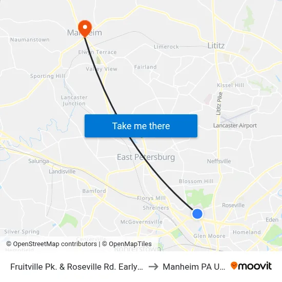 Fruitville Pk. & Roseville Rd. Early AM to Manheim PA USA map