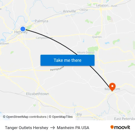 Tanger Outlets Hershey to Manheim PA USA map