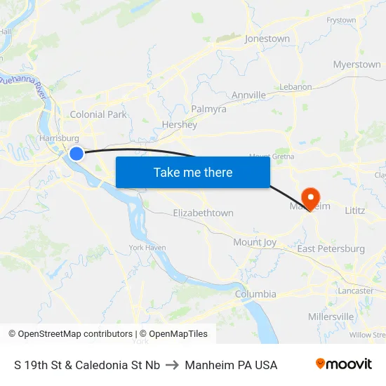 S 19th St & Caledonia St Nb to Manheim PA USA map