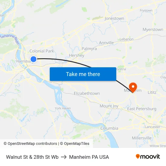 Walnut St & 28th St Wb to Manheim PA USA map