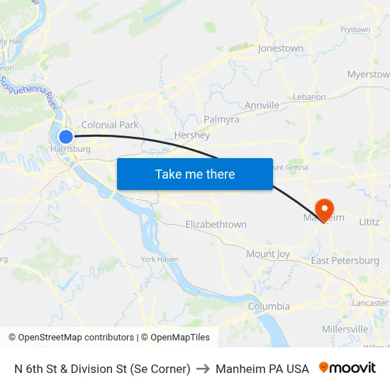 N 6th St & Division St (Se Corner) to Manheim PA USA map