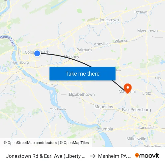 Jonestown Rd & Earl Ave (Liberty Square) to Manheim PA USA map