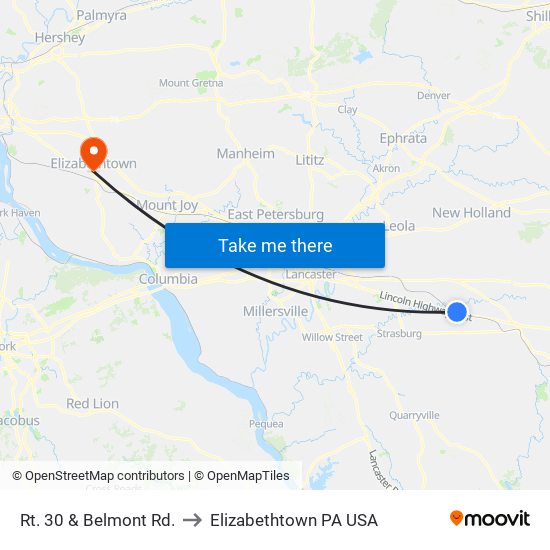 Rt. 30 & Belmont Rd. to Elizabethtown PA USA map