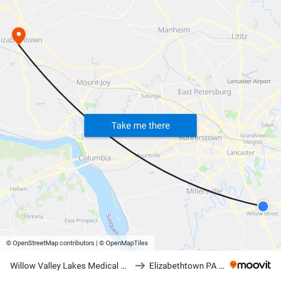 Willow Valley Lakes Medical Center to Elizabethtown PA USA map