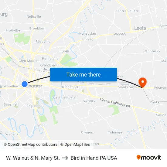 W. Walnut & N. Mary St. to Bird in Hand PA USA map