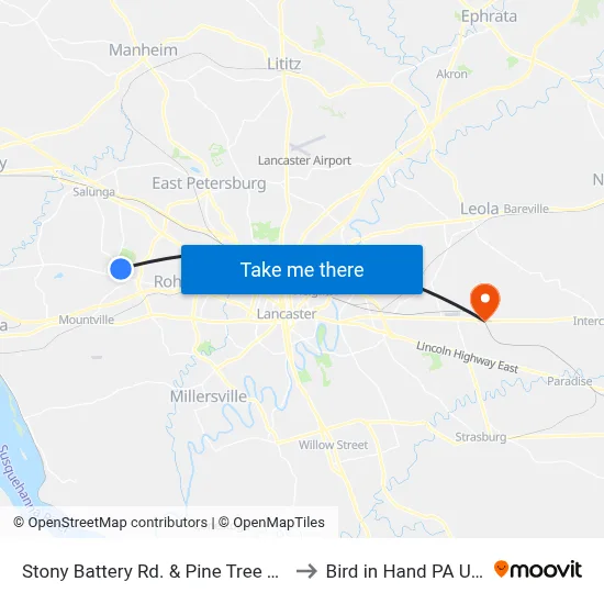 Stony Battery Rd. & Pine Tree Way to Bird in Hand PA USA map