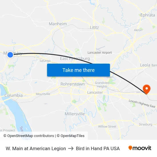 W. Main at American Legion to Bird in Hand PA USA map