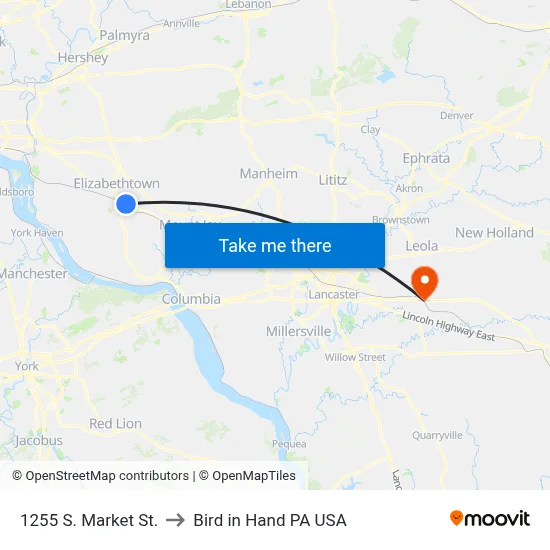 1255 S. Market St. to Bird in Hand PA USA map