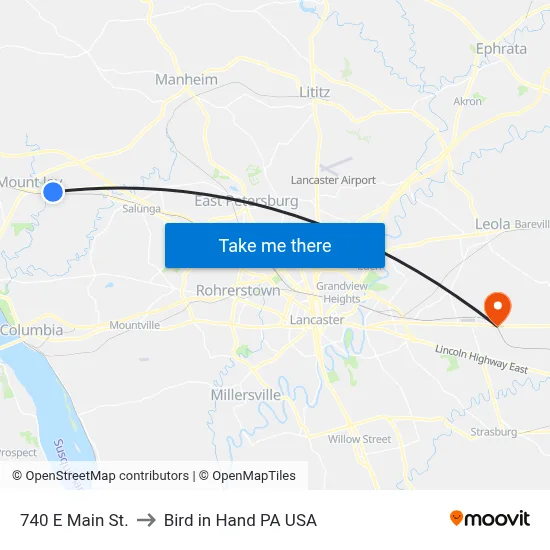 740 E Main St. to Bird in Hand PA USA map