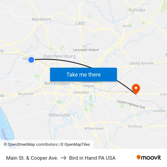 Main St. & Cooper Ave. to Bird in Hand PA USA map