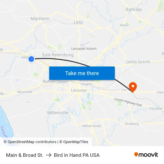 Main & Broad St. to Bird in Hand PA USA map
