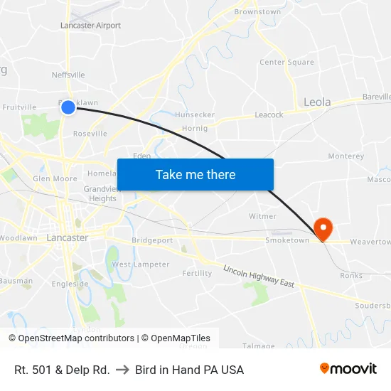 Rt. 501 & Delp Rd. to Bird in Hand PA USA map