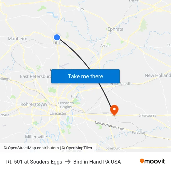 Rt. 501 at Souders Eggs to Bird in Hand PA USA map