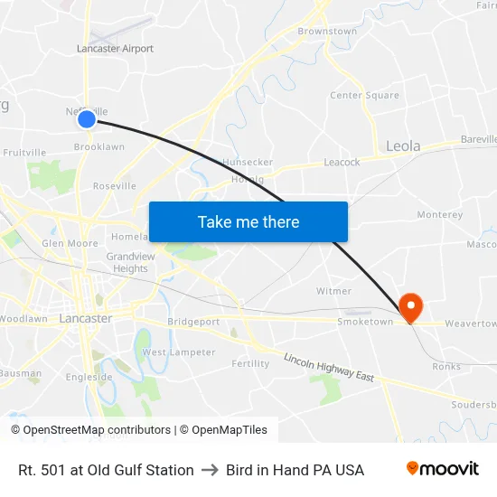 Rt. 501 at Old Gulf Station to Bird in Hand PA USA map