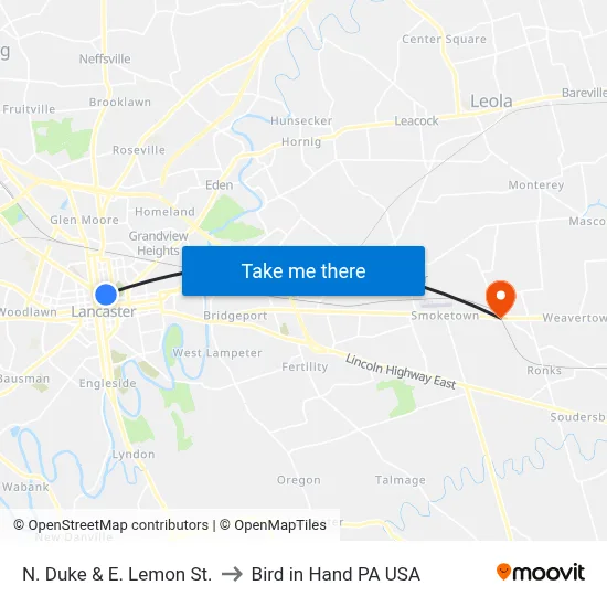 N. Duke & E. Lemon St. to Bird in Hand PA USA map