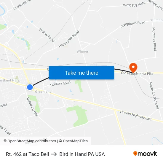 Rt. 462 at Taco Bell to Bird in Hand PA USA map